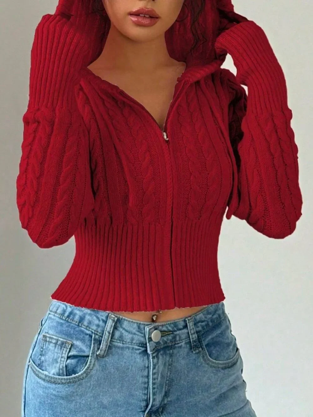 Red Casual Women's zip up Hooded sweater Cardigan